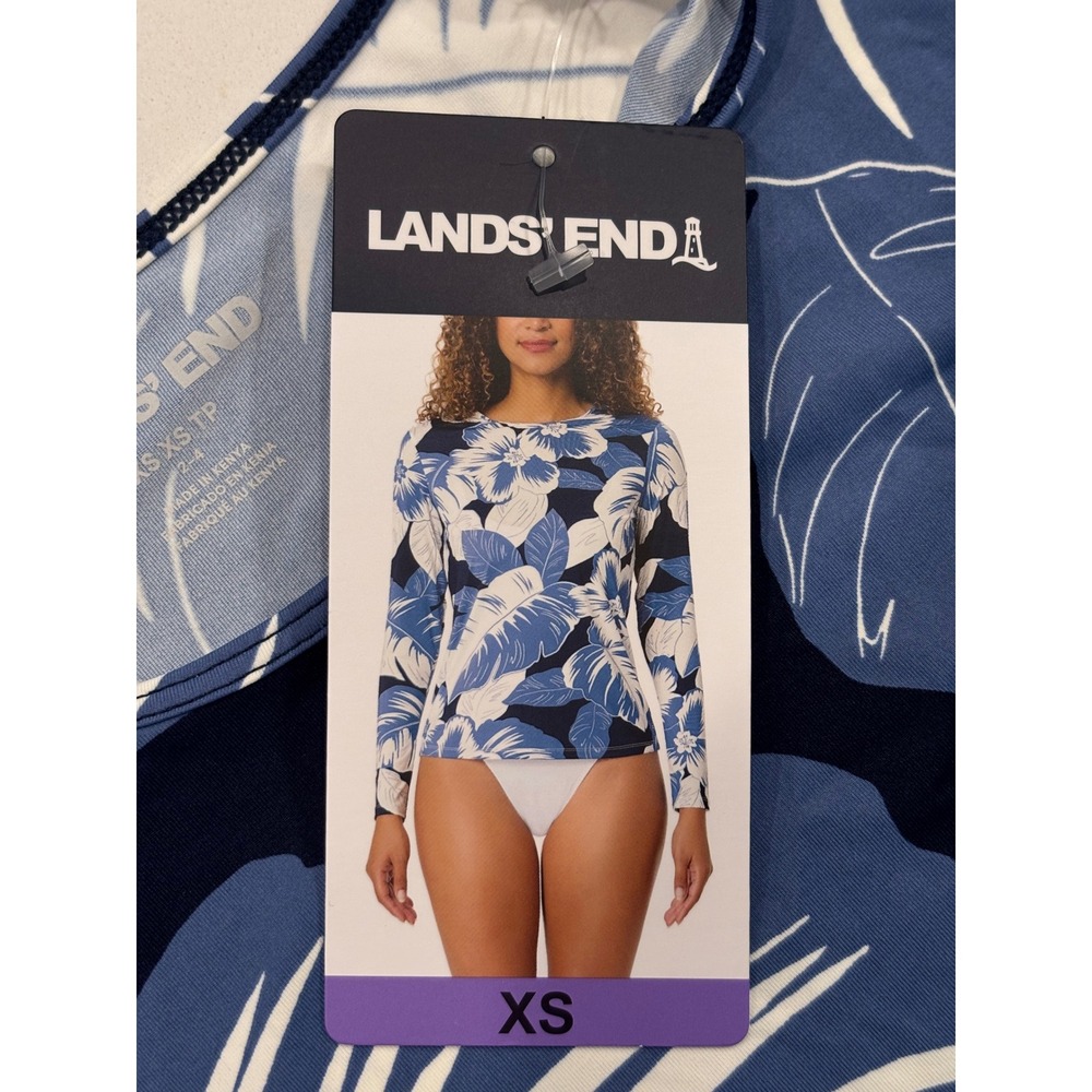 Lands' End XS Rash Guard Women Blue Tropical Floral UPF 50 Long Sleeve Swim - Picture 3 of 6
